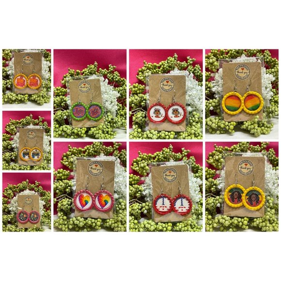 Hippie Mom Bottle Cap Retro 60's Dangle Fish-hook Earrings Handcrafted - Picture 2 of 4
